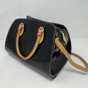 ARCADIA, BLACK EMBOSSED PATENT LEATHER SATCHEL WITH BEIGE HANDLES/SHOULDER STRAP